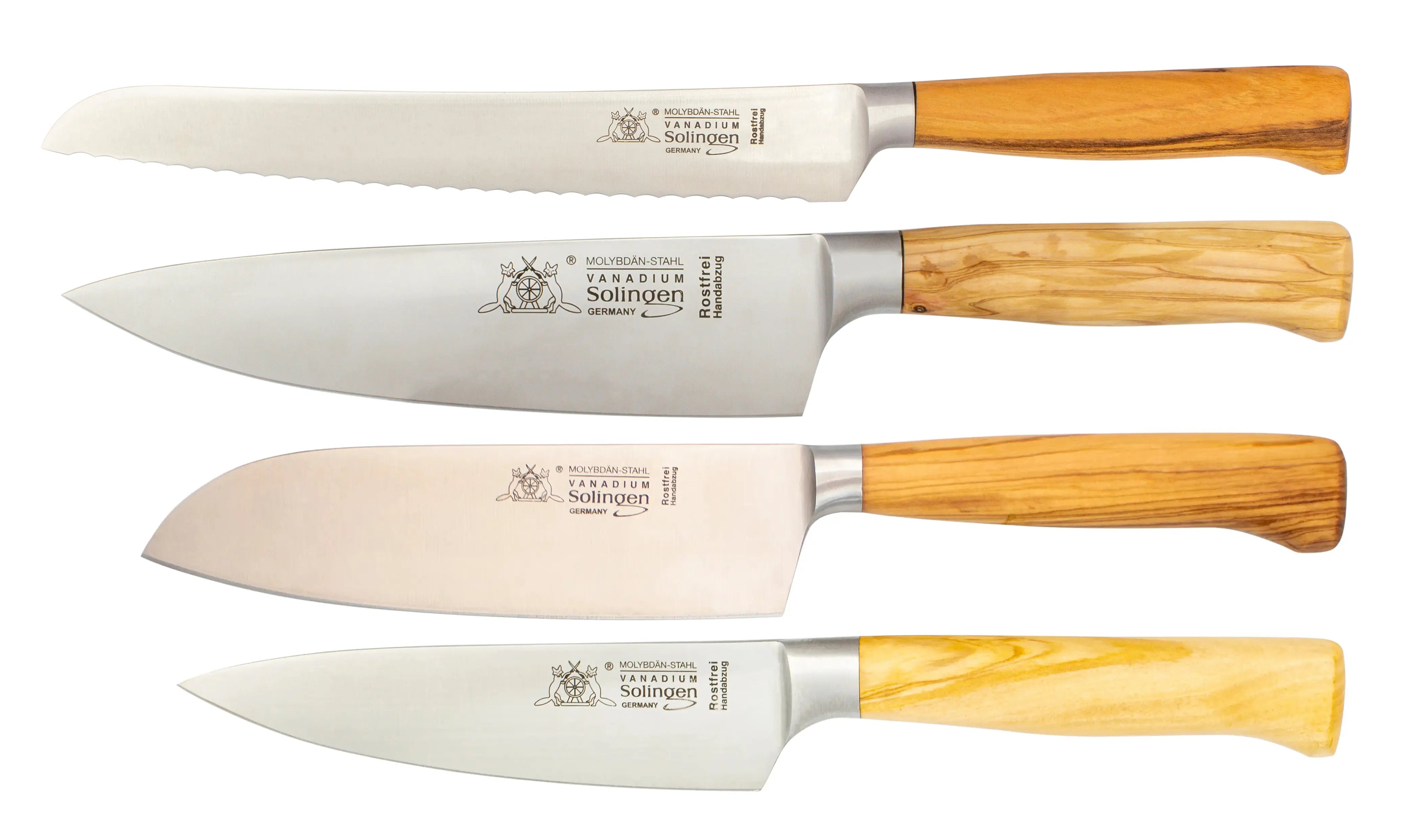 XXL Set - geschmiedete Kochmesser, Brotmesser & Santokumesser mit Olivenholz - Rostfrei