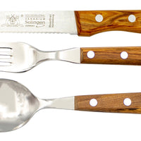 Gabel, Löffel & Steakmesser mit Olivenholz - Rostfrei