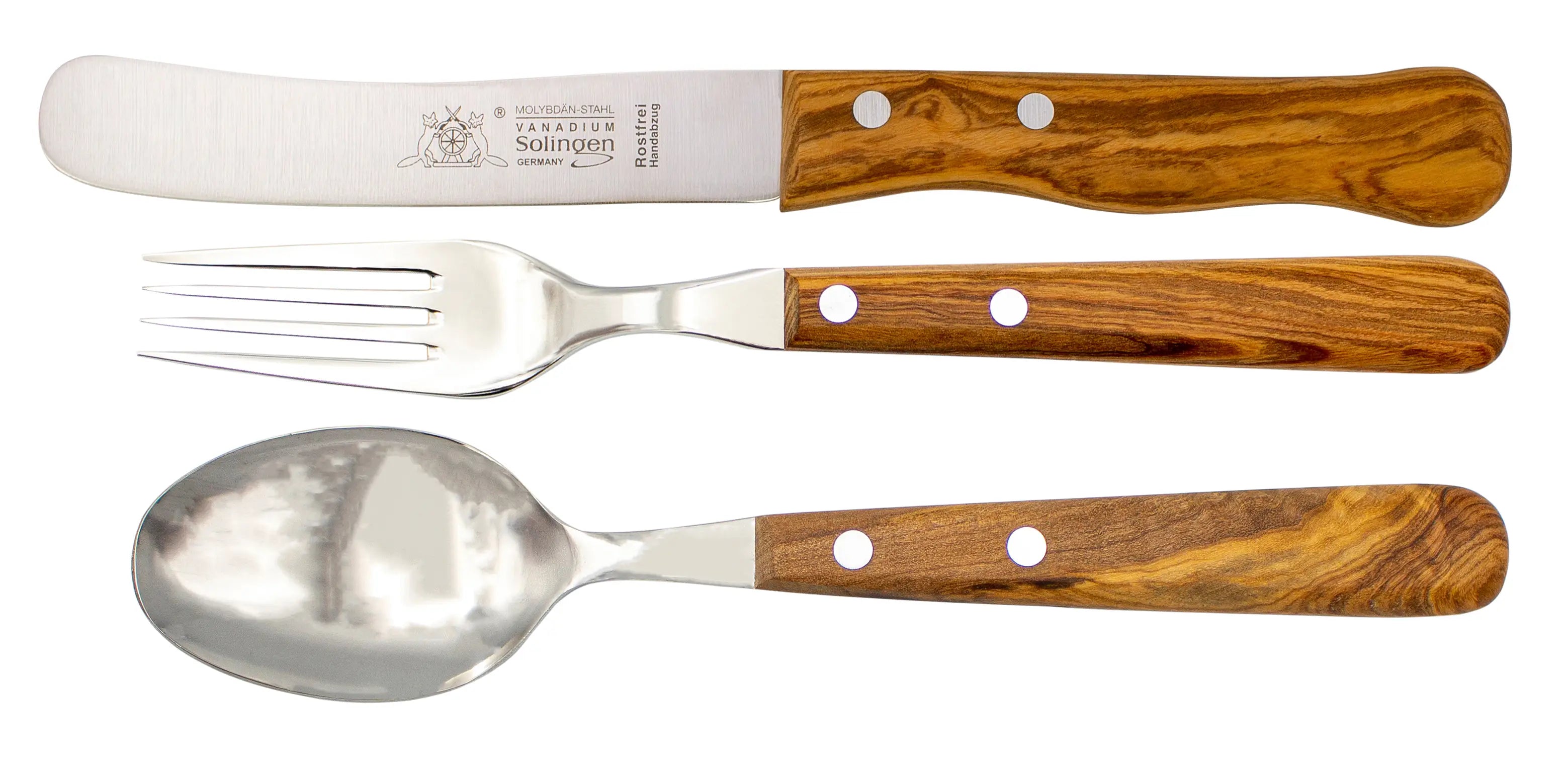 Gabel, Löffel & Buckelsmesser mit Olivenholz - Rostfrei
