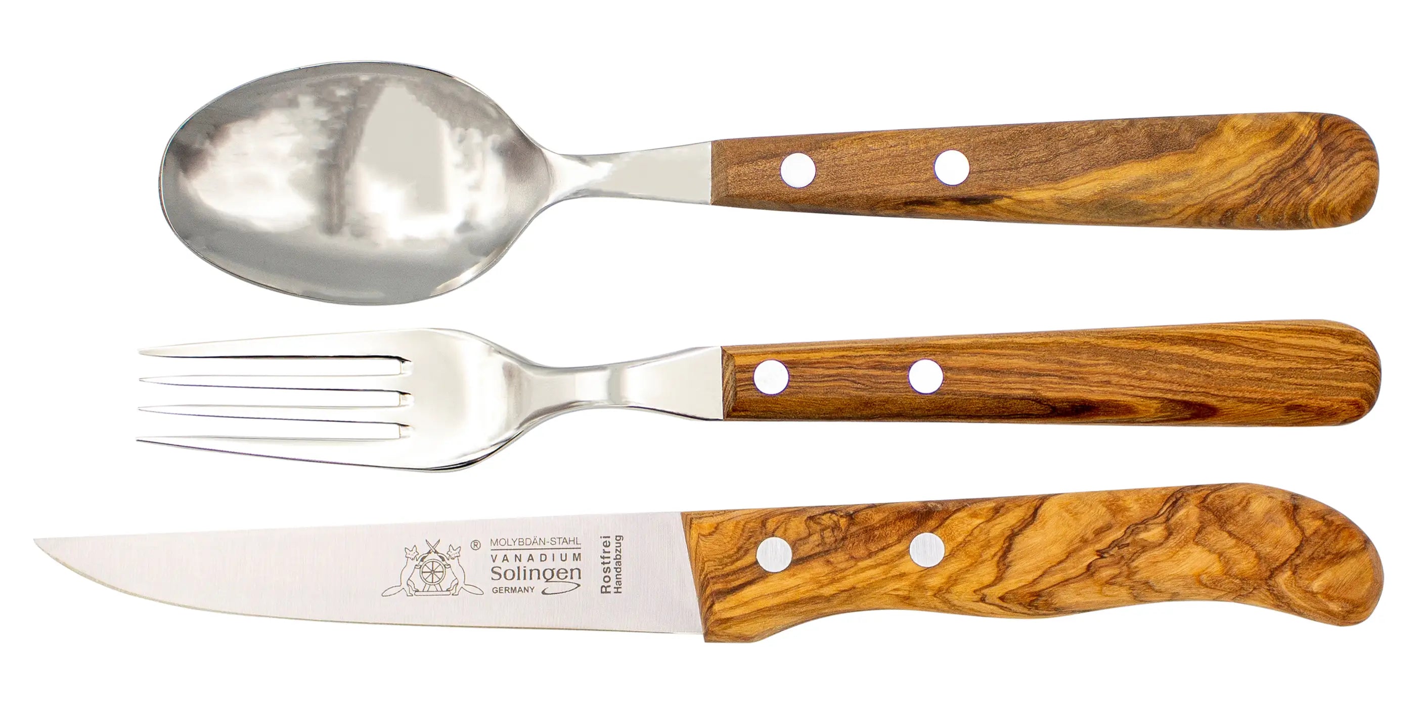 Gabel, Löffel & Messer mit Olivenholz - Rostfrei