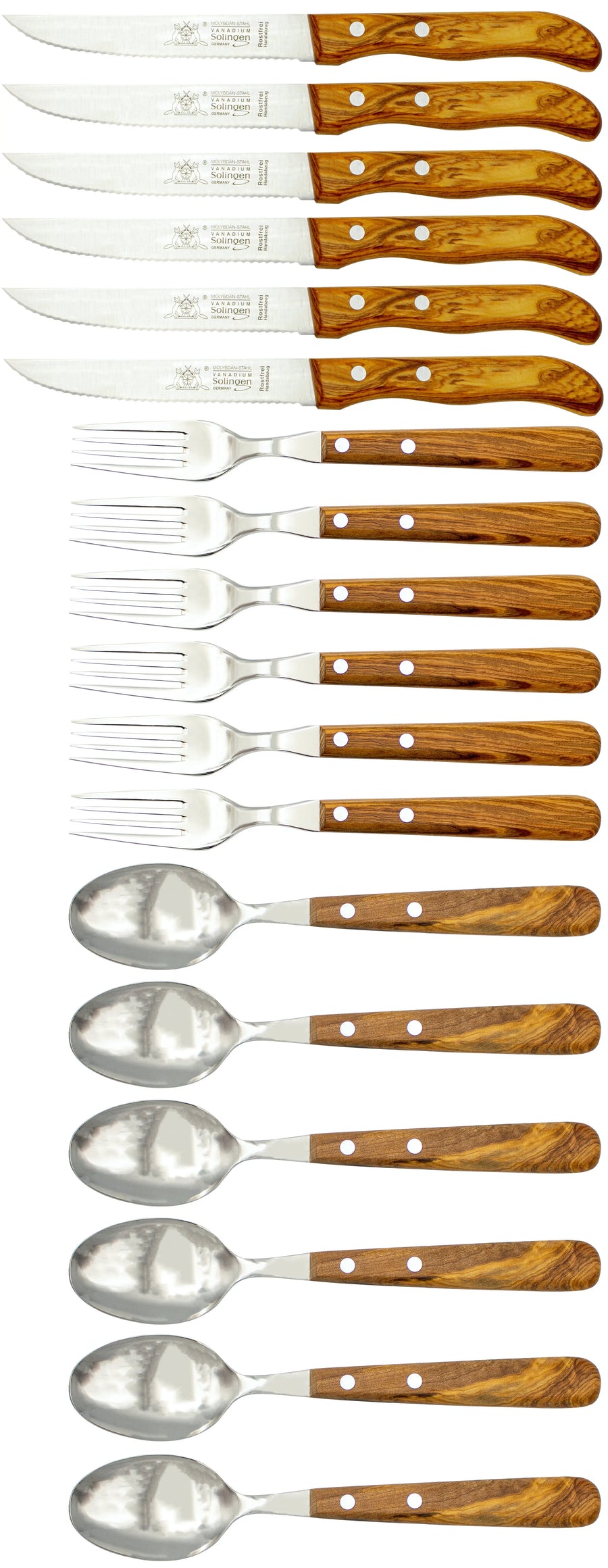 Gabel, Löffel & Steakmesser mit Olivenholz - Rostfrei
