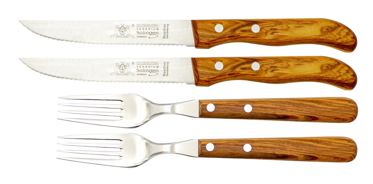 Steakmesser & Gabel Set – Olivenholzgriff & Edelstahl