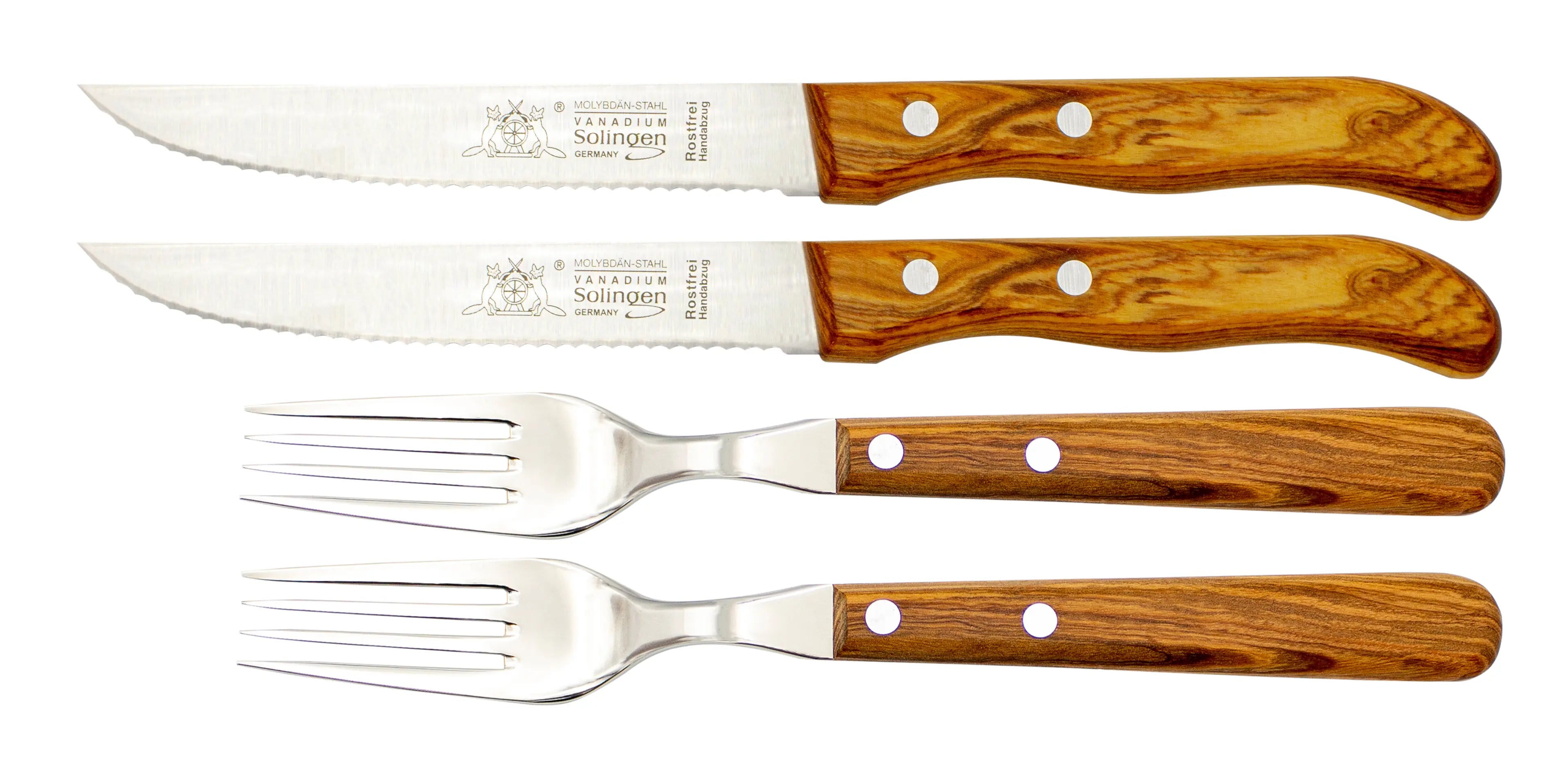 Gabel &amp; Steakmesser mit Olivenholz - Rostfrei