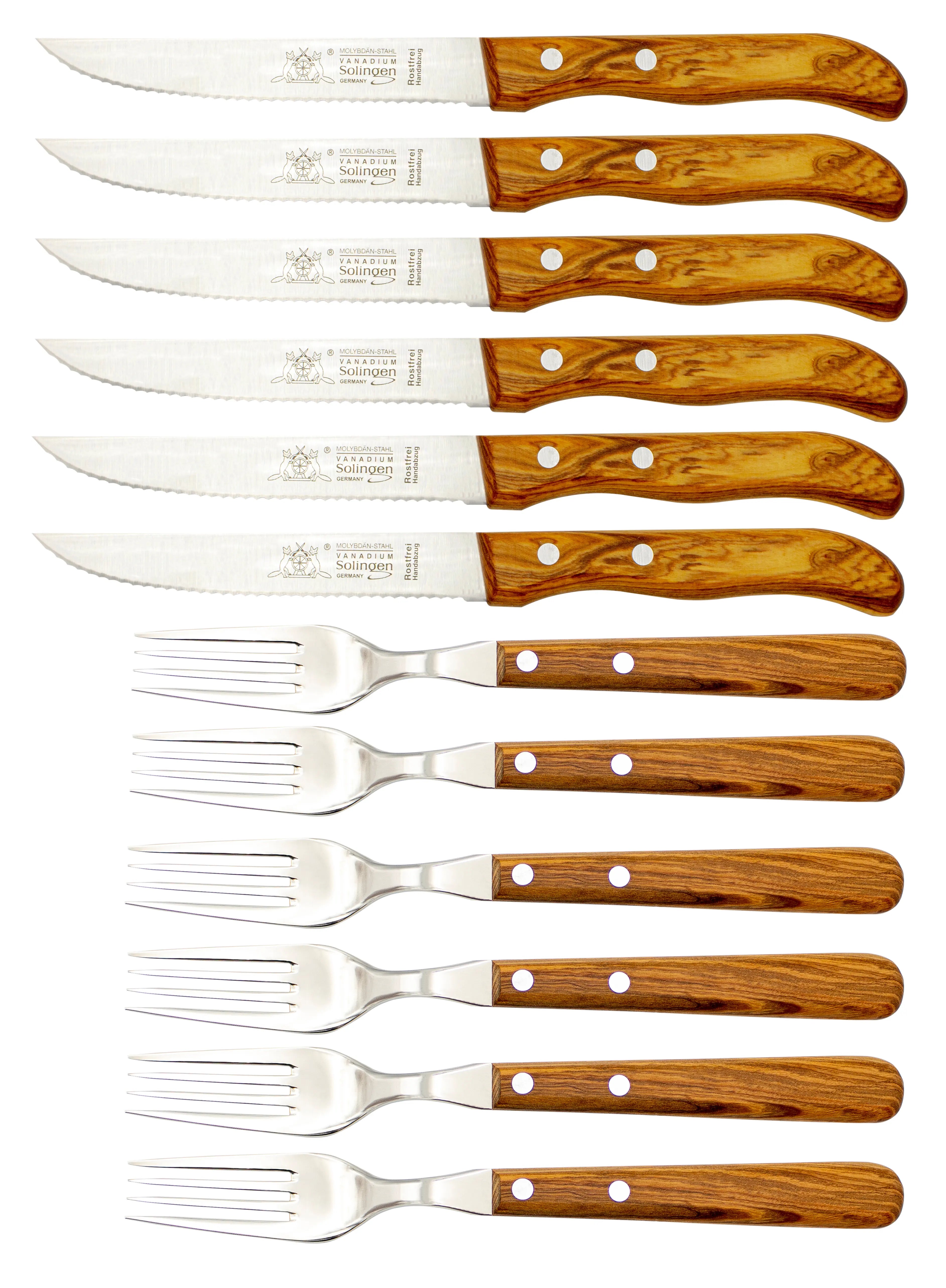Gabel &amp; Steakmesser mit Olivenholz - Rostfrei