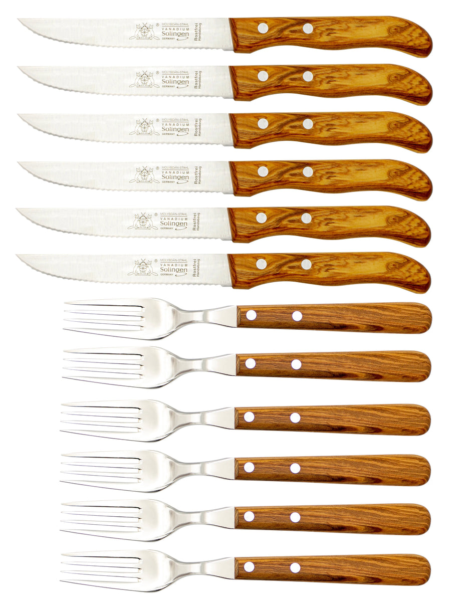 Gabel & Steakmesser mit Olivenholz - Rostfrei