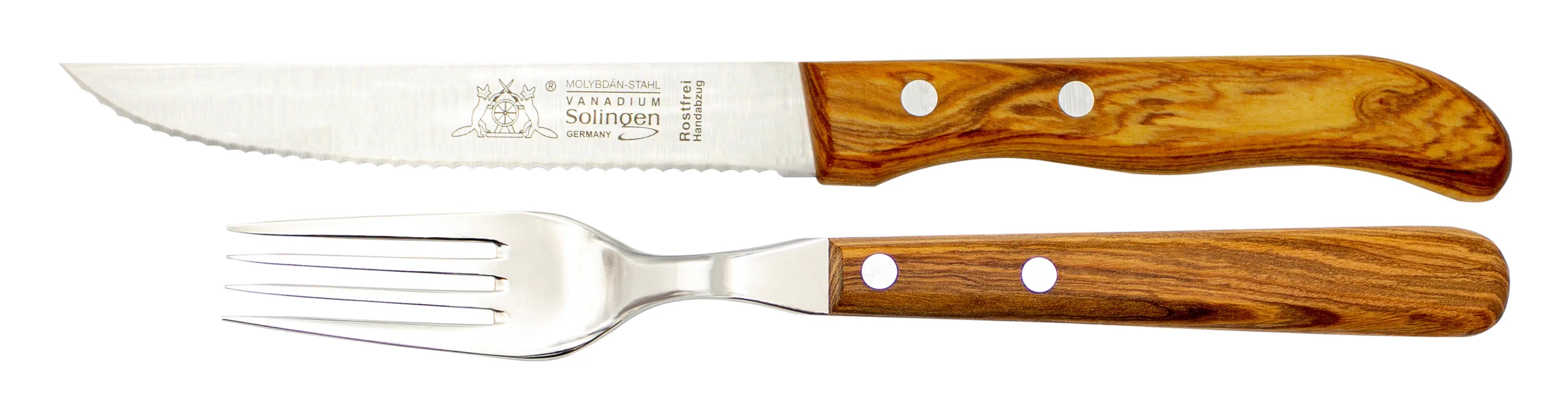 Gabel &amp; Steakmesser mit Olivenholz - Rostfrei