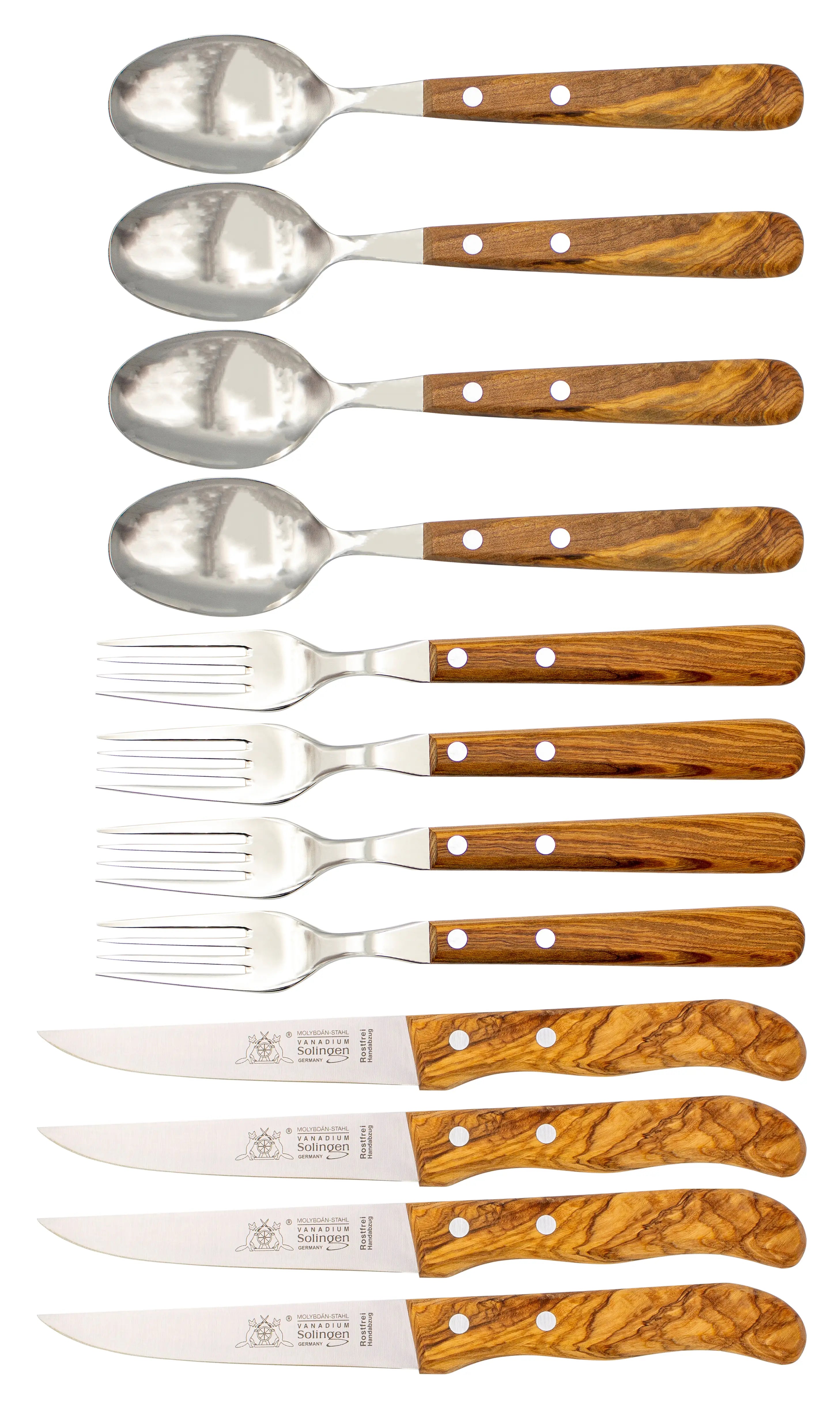 Gabel, Löffel &amp; Messer mit Olivenholz - Rostfrei