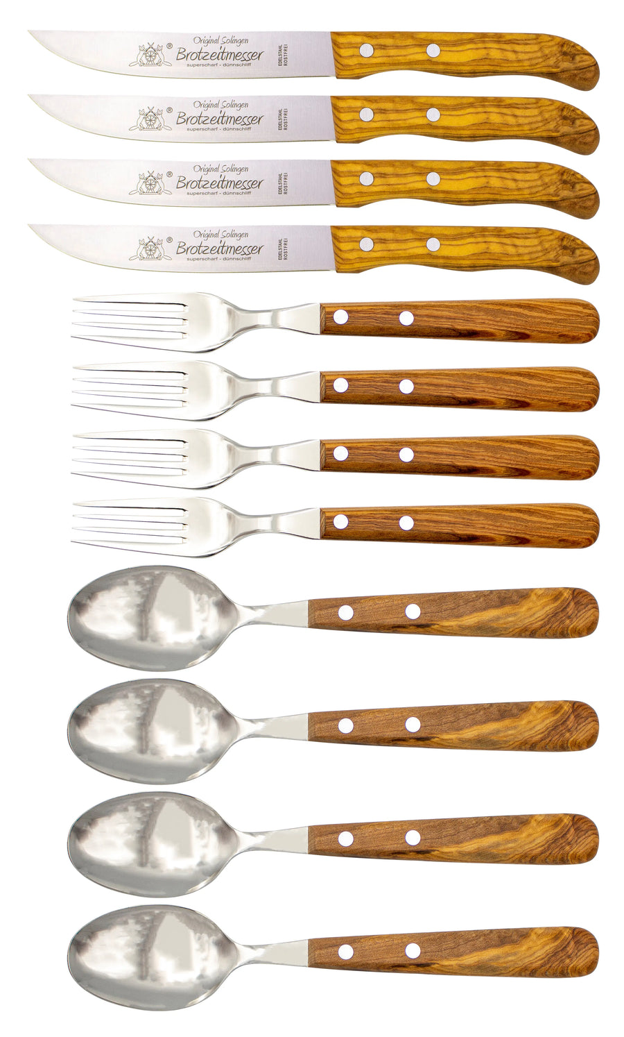 Gabel, Löffel & Brotzeitmesser mit Olivenholz - Rostfrei