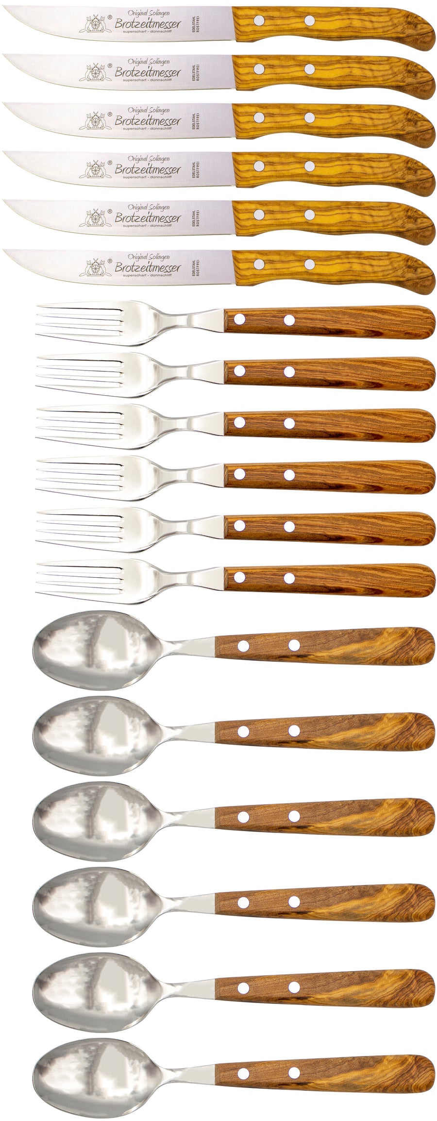 Gabel, Löffel & Brotzeitmesser mit Olivenholz - Rostfrei