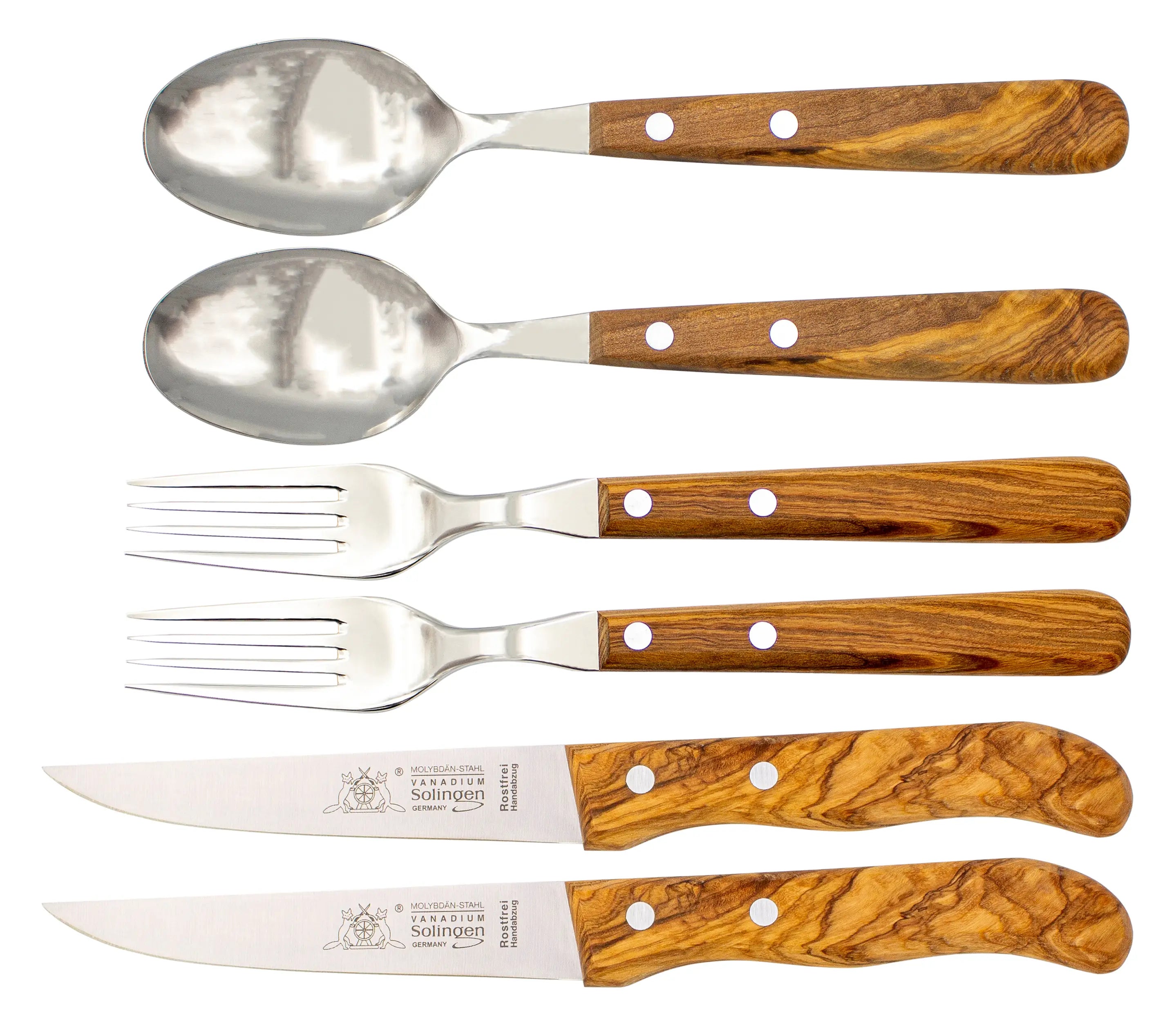 Gabel, Löffel &amp; Messer mit Olivenholz - Rostfrei