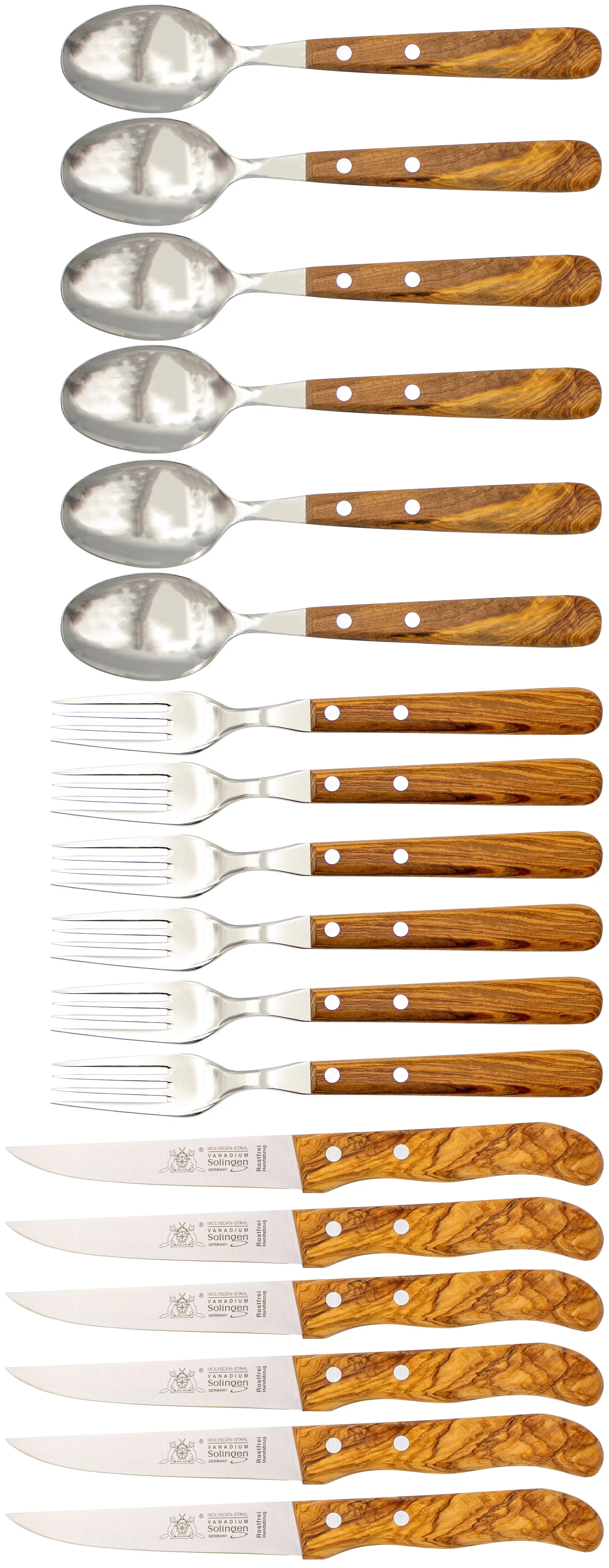 Gabel, Löffel &amp; Messer mit Olivenholz - Rostfrei